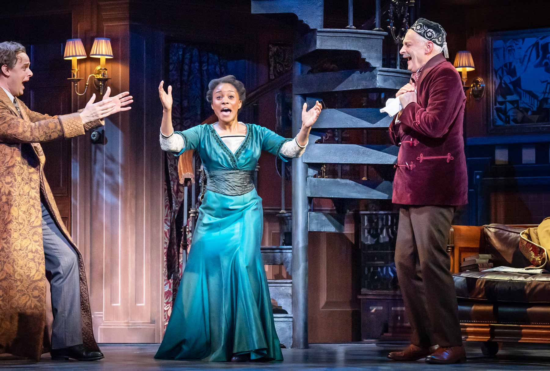 Harry Hadden-Paton as Professor Higgins, Amara Okereke as Eliza Doolittle and Malcolm Sinclair as Colonel Pickering in My Fair Lady